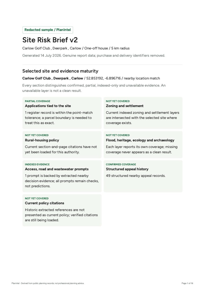 First page of a genuine redacted PlanIntel site risk brief, showing the evidence-maturity summary for a site in Carlow